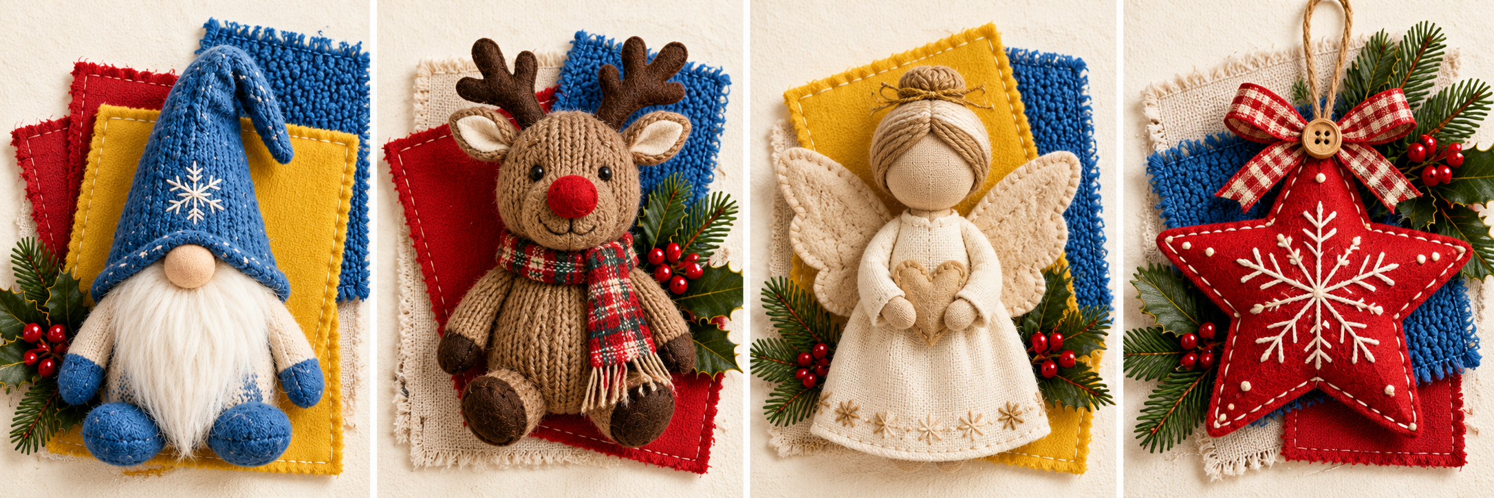 Illustrative gnome, reindeer, angel and star ornament made from matching fabrics