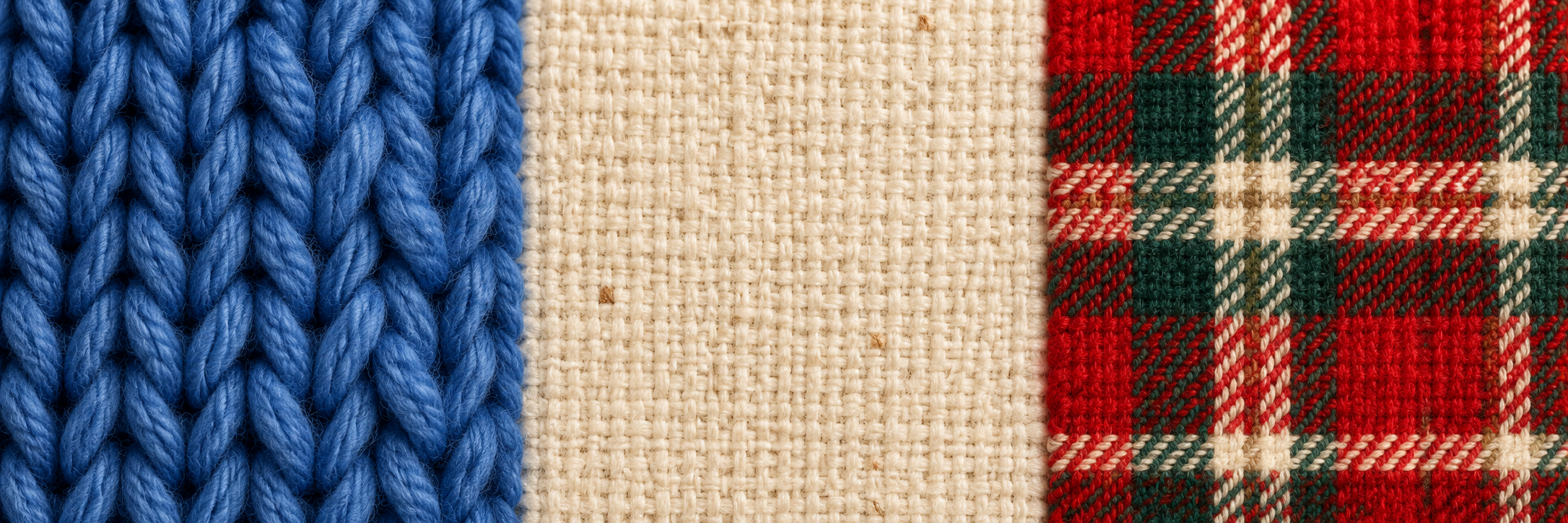 Illustrative blue knit, natural linen and tartan fabric macros