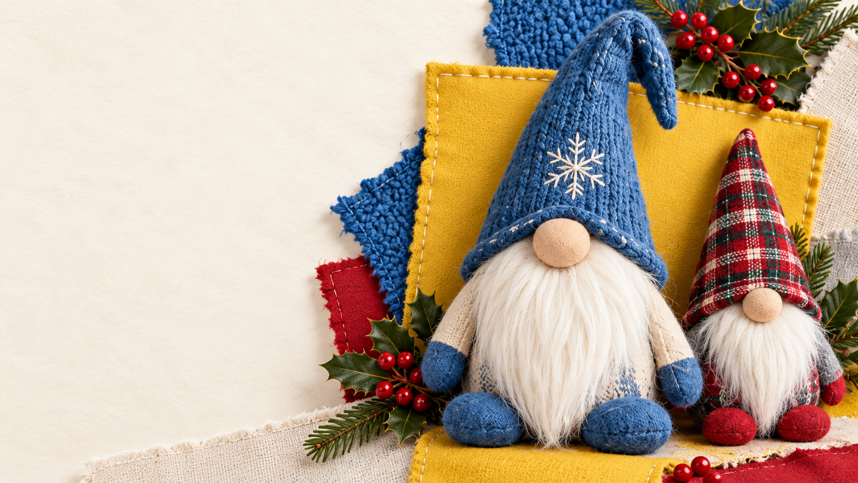 Illustrative handmade blue and plaid fabric gnomes arranged with textile swatches